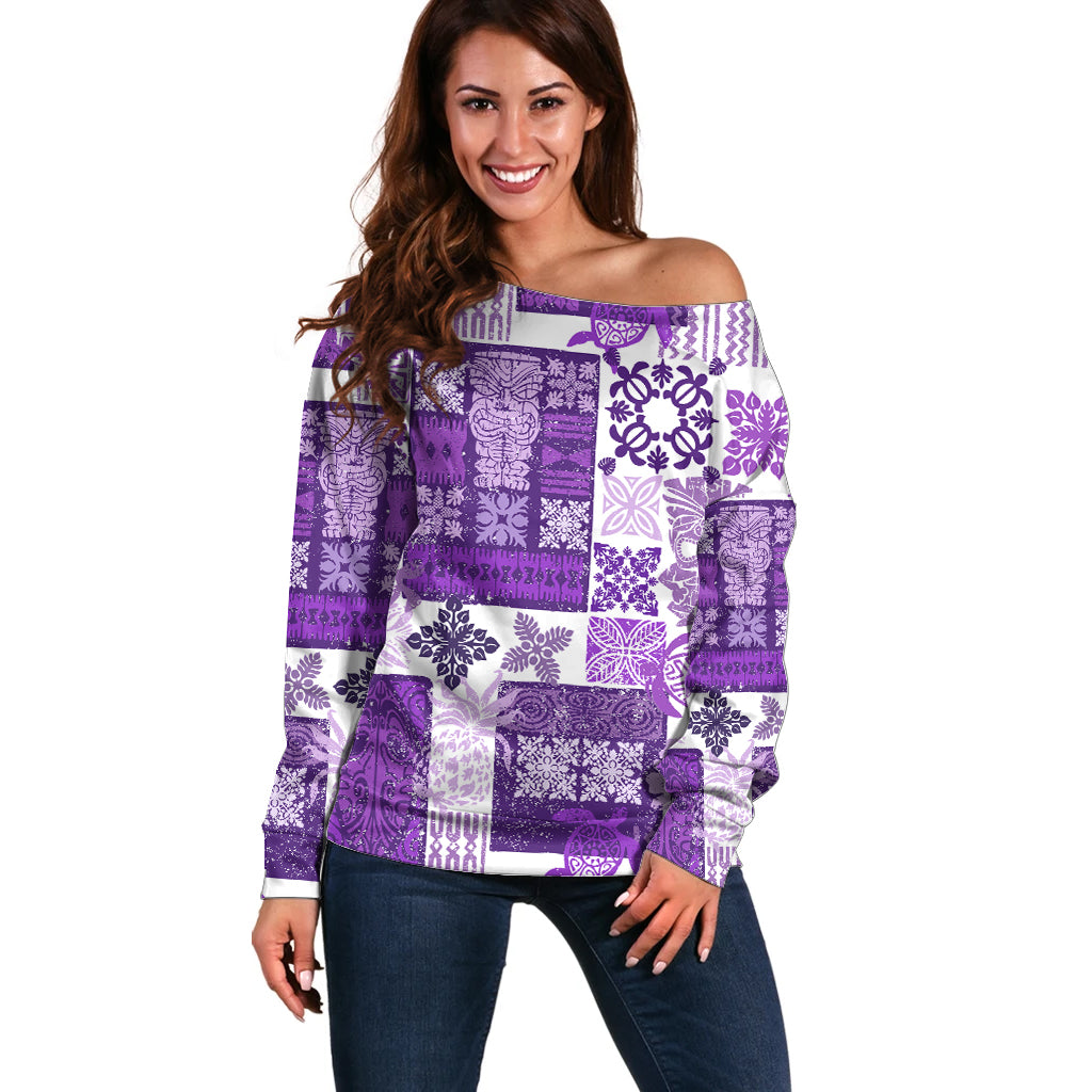Hawaiian Quilt Off Shoulder Sweater Tiki Tropical Retro Purple Version - Wonder Print Shop