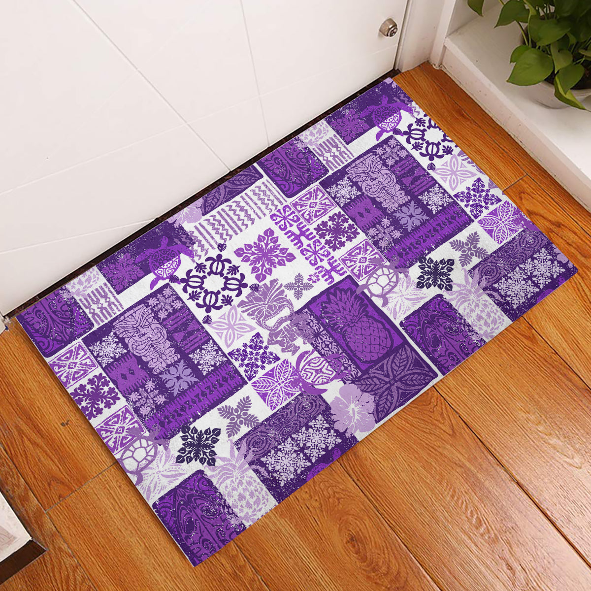 Hawaiian Quilt Rubber Doormat Tiki Tropical Retro Purple Version - Wonder Print Shop