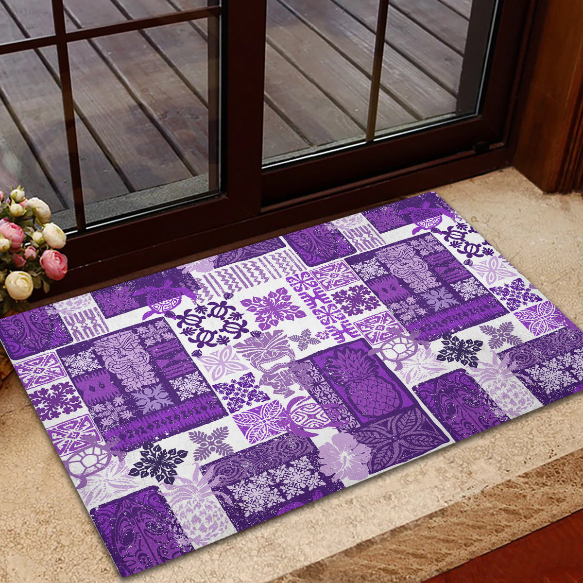Hawaiian Quilt Rubber Doormat Tiki Tropical Retro Purple Version - Wonder Print Shop