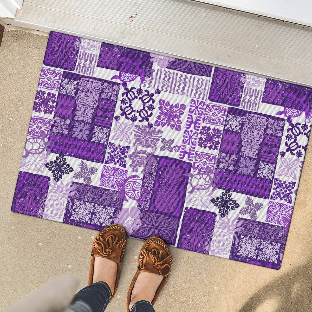 Hawaiian Quilt Rubber Doormat Tiki Tropical Retro Purple Version - Wonder Print Shop