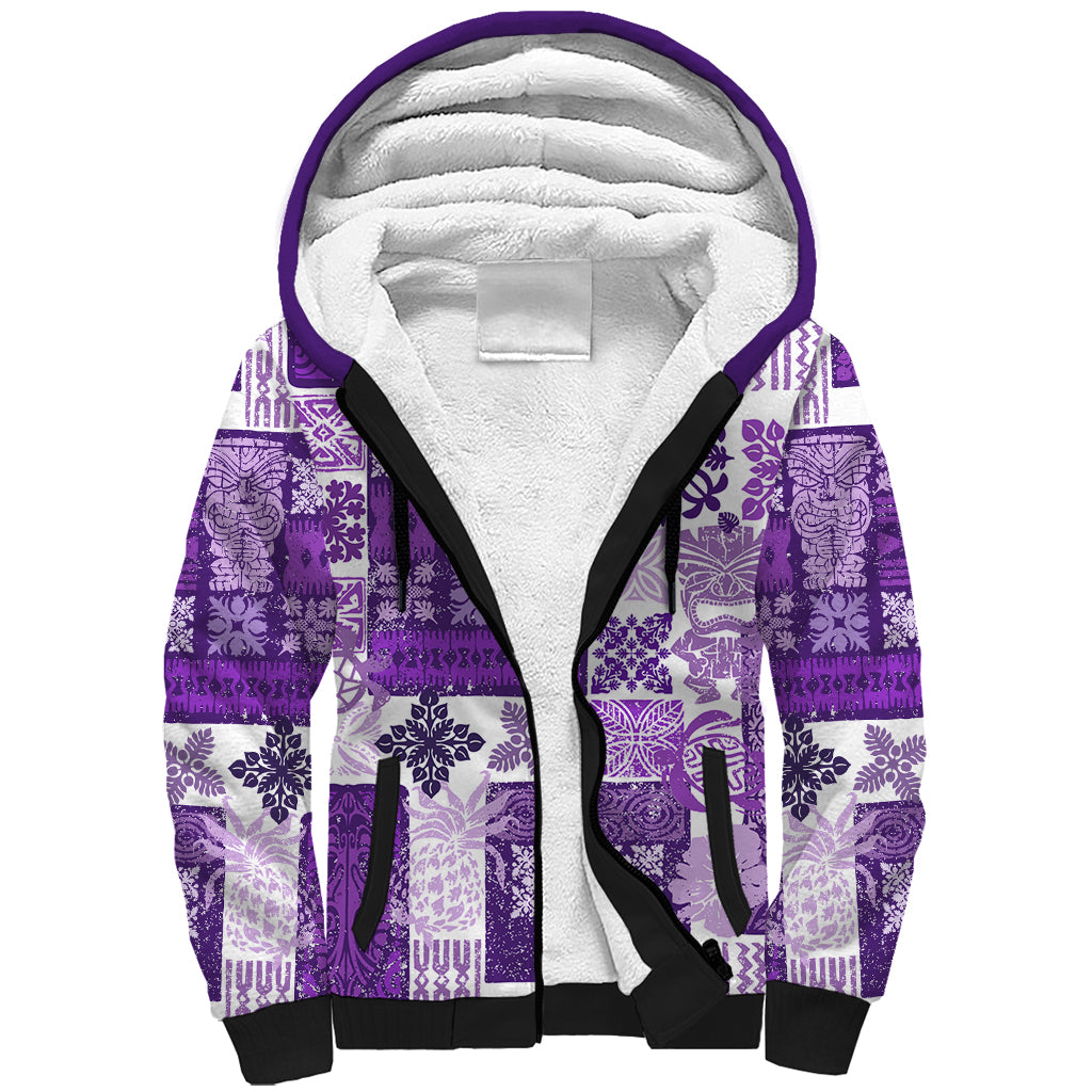 Hawaiian Quilt Sherpa Hoodie Tiki Tropical Retro Purple Version - Wonder Print Shop