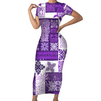 Hawaiian Quilt Short Sleeve Bodycon Dress Tiki Tropical Retro Purple Version - Wonder Print Shop