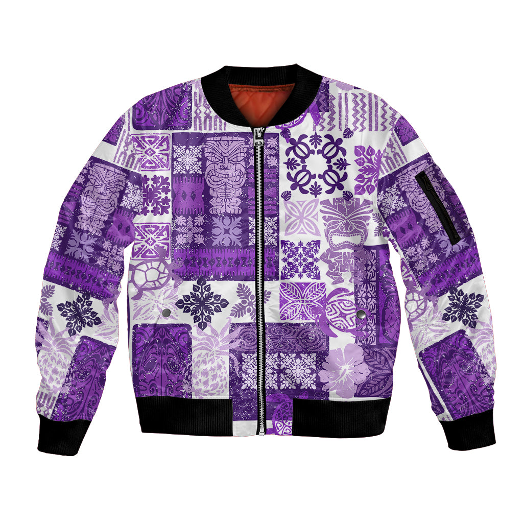 Hawaiian Quilt Sleeve Zip Bomber Jacket Tiki Tropical Retro Purple Version - Wonder Print Shop