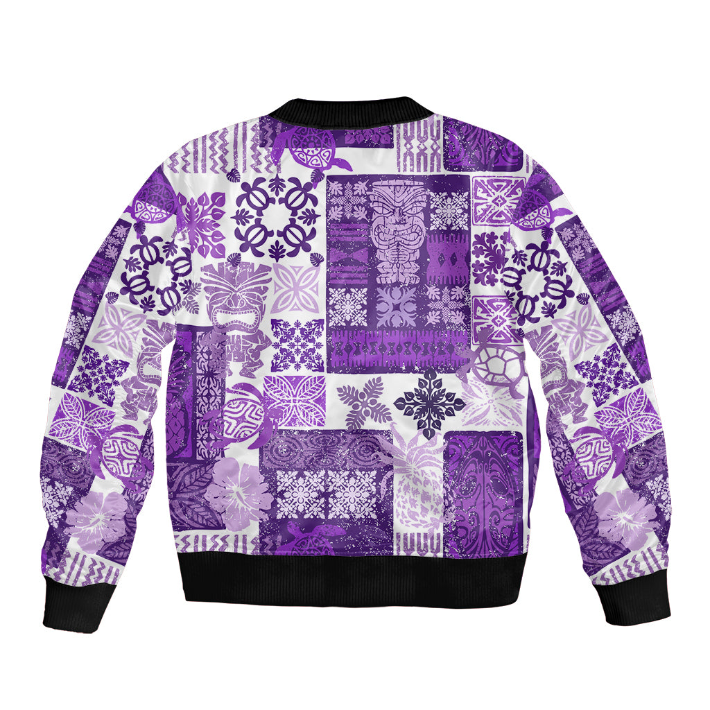 Hawaiian Quilt Sleeve Zip Bomber Jacket Tiki Tropical Retro Purple Version - Wonder Print Shop