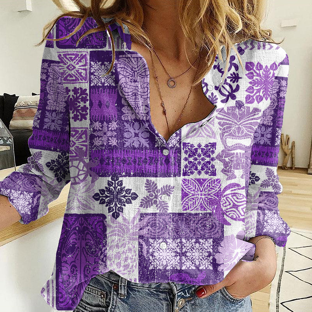 Hawaiian Quilt Women Casual Shirt Tiki Tropical Retro Purple Version - Wonder Print Shop