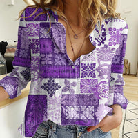 Hawaiian Quilt Women Casual Shirt Tiki Tropical Retro Purple Version - Wonder Print Shop