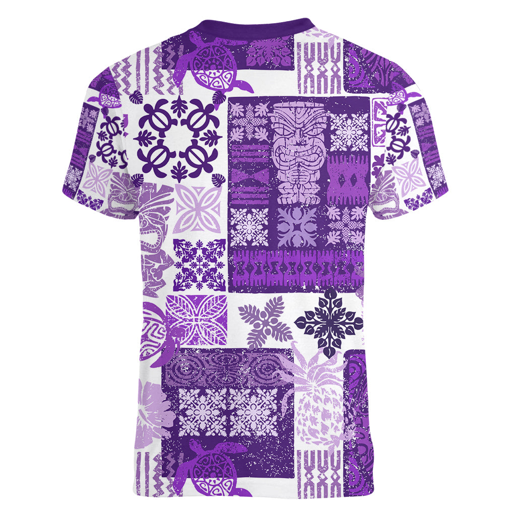 Hawaiian Quilt Women V Neck T Shirt Tiki Tropical Retro Purple Version - Wonder Print Shop