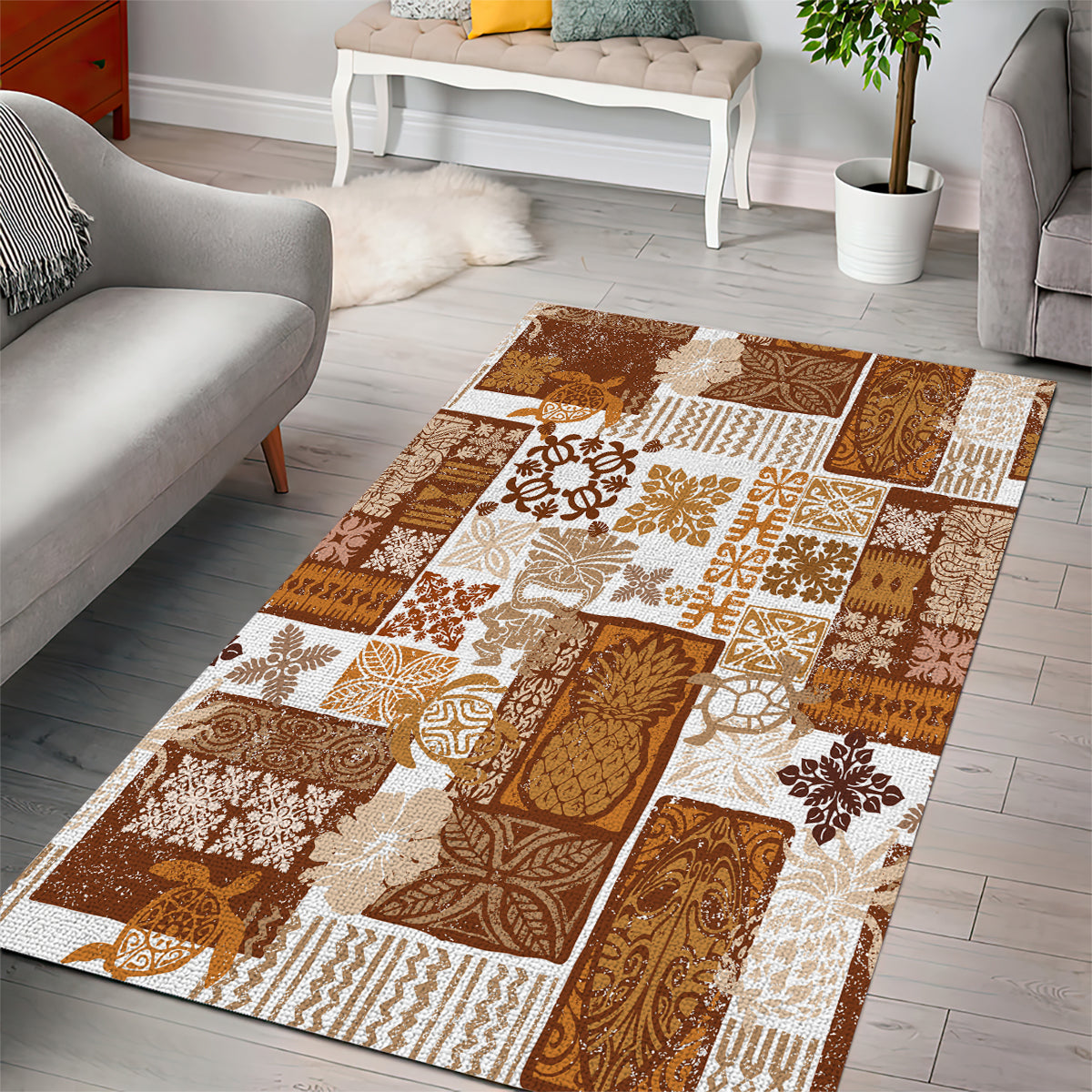 Hawaiian Quilt Area Rug Tiki Tropical Retro Brown Version - Wonder Print Shop