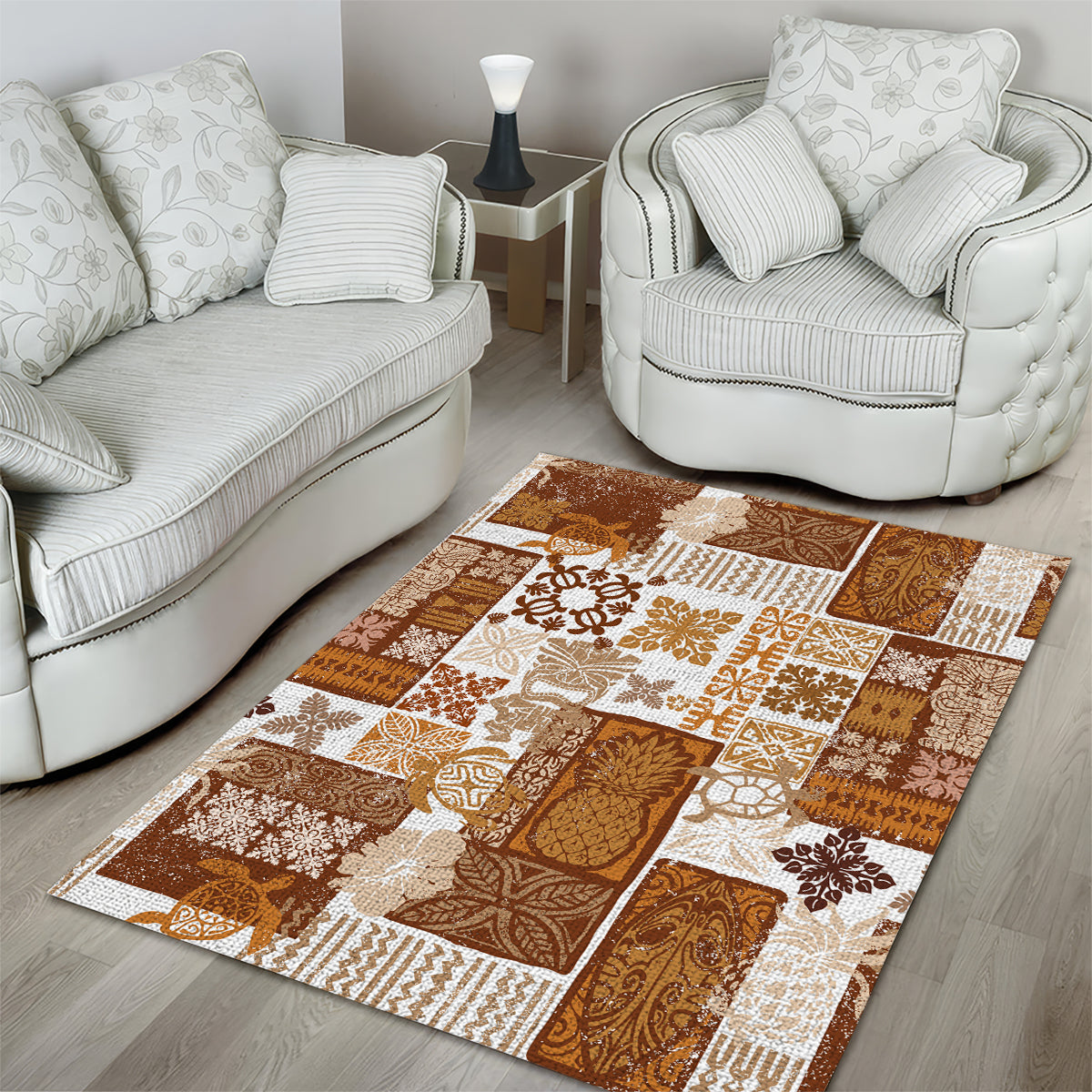 Hawaiian Quilt Area Rug Tiki Tropical Retro Brown Version - Wonder Print Shop