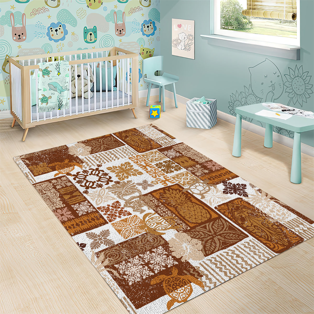 Hawaiian Quilt Area Rug Tiki Tropical Retro Brown Version - Wonder Print Shop