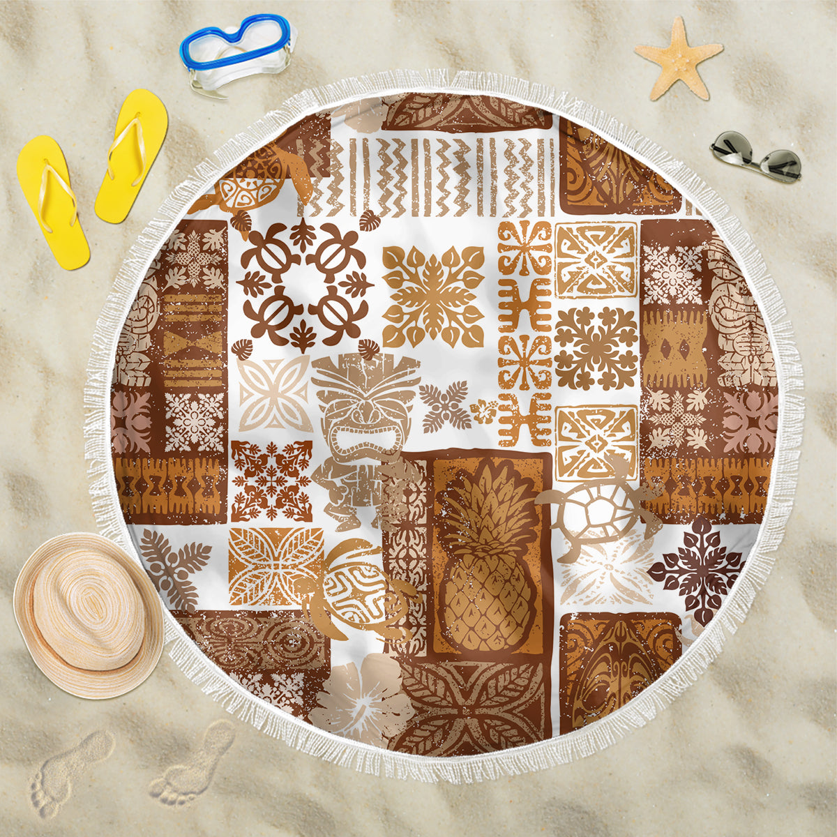 Hawaiian Quilt Beach Blanket Tiki Tropical Retro Brown Version - Wonder Print Shop