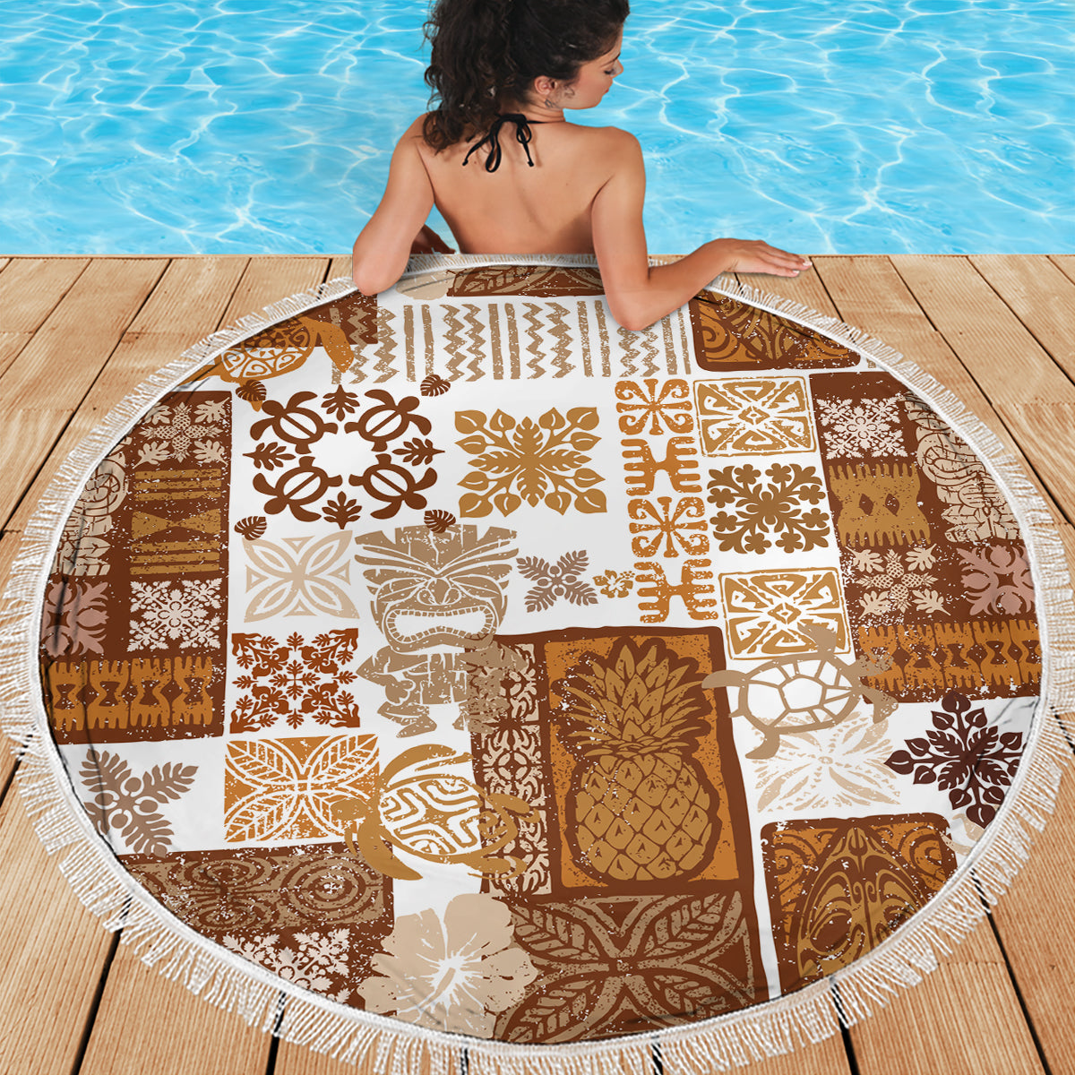 Hawaiian Quilt Beach Blanket Tiki Tropical Retro Brown Version - Wonder Print Shop