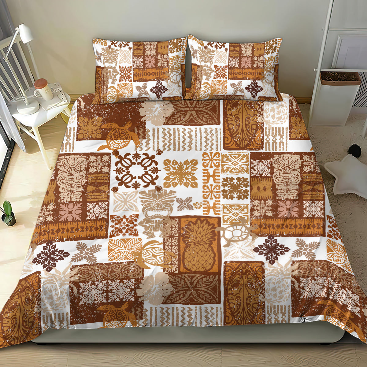 Hawaiian Quilt Bedding Set Tiki Tropical Retro Brown Version - Wonder Print Shop