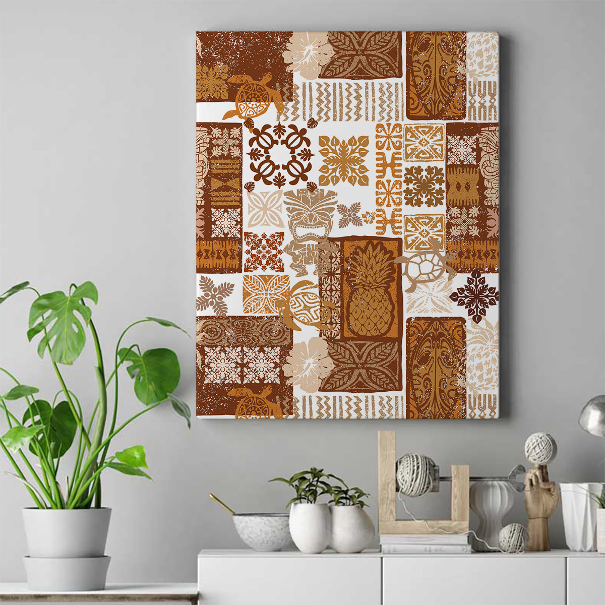 Hawaiian Quilt Canvas Wall Art Tiki Tropical Retro Brown Version - Wonder Print Shop