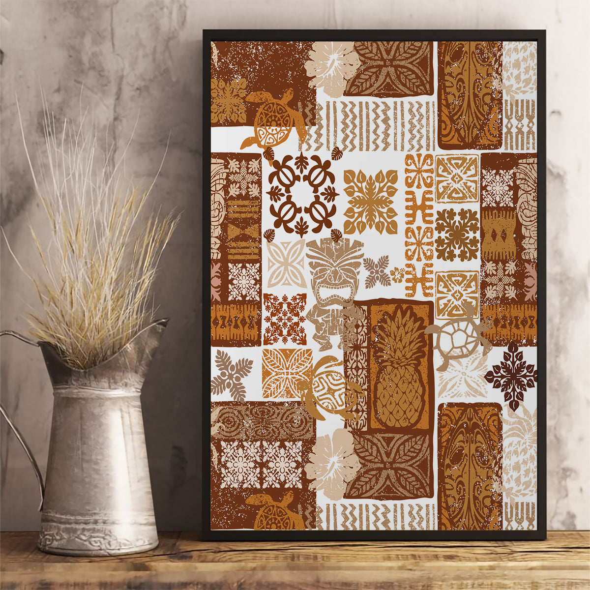 Hawaiian Quilt Canvas Wall Art Tiki Tropical Retro Brown Version - Wonder Print Shop