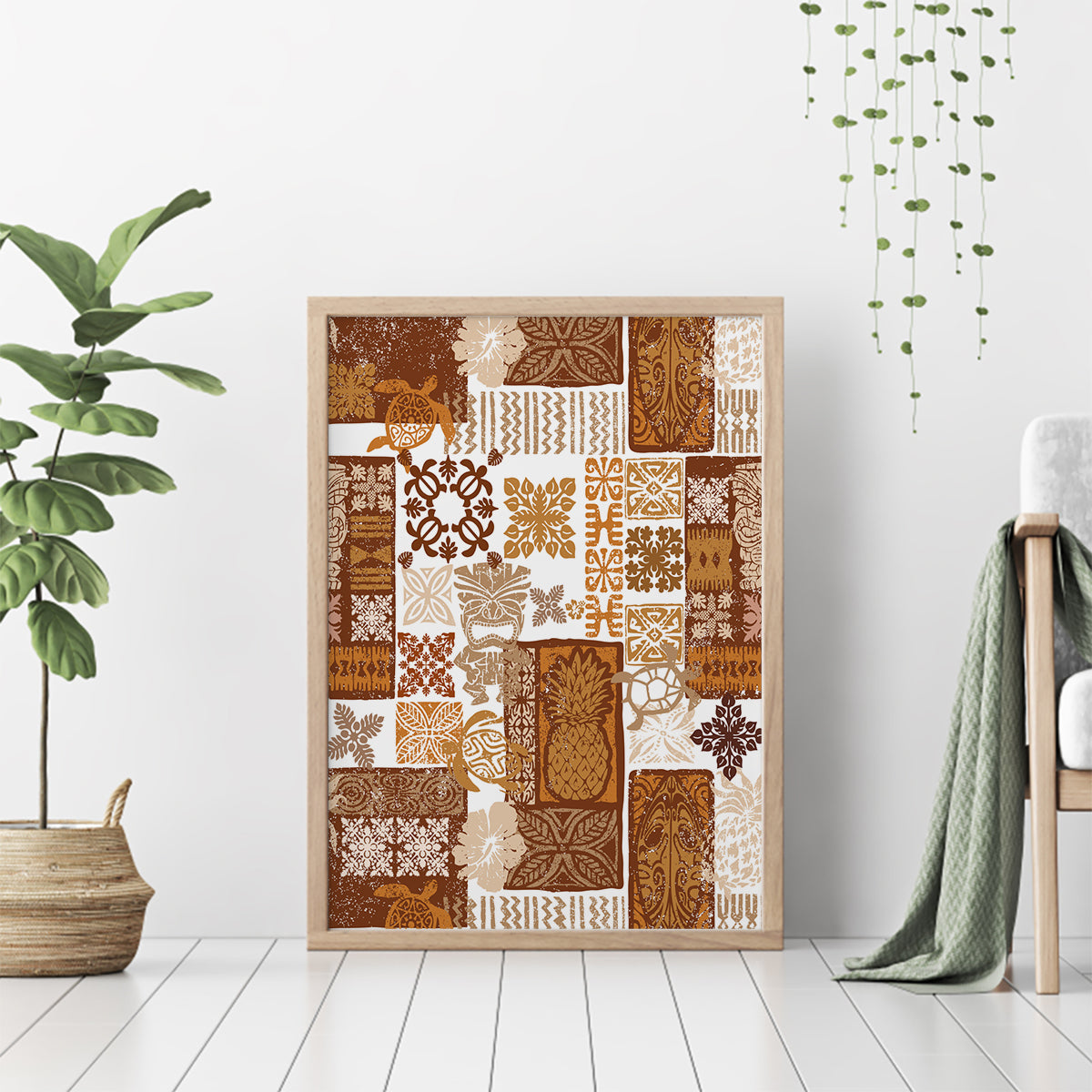 Hawaiian Quilt Canvas Wall Art Tiki Tropical Retro Brown Version - Wonder Print Shop