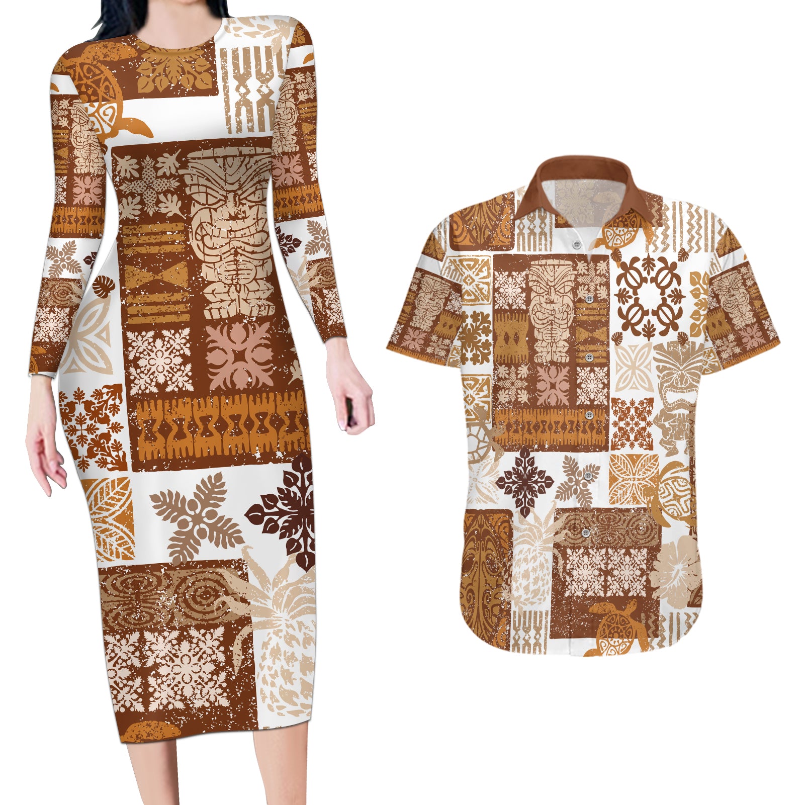 Hawaiian Quilt Couples Matching Long Sleeve Bodycon Dress and Hawaiian Shirt Tiki Tropical Retro Brown Version - Wonder Print Shop