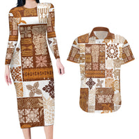 Hawaiian Quilt Couples Matching Long Sleeve Bodycon Dress and Hawaiian Shirt Tiki Tropical Retro Brown Version - Wonder Print Shop