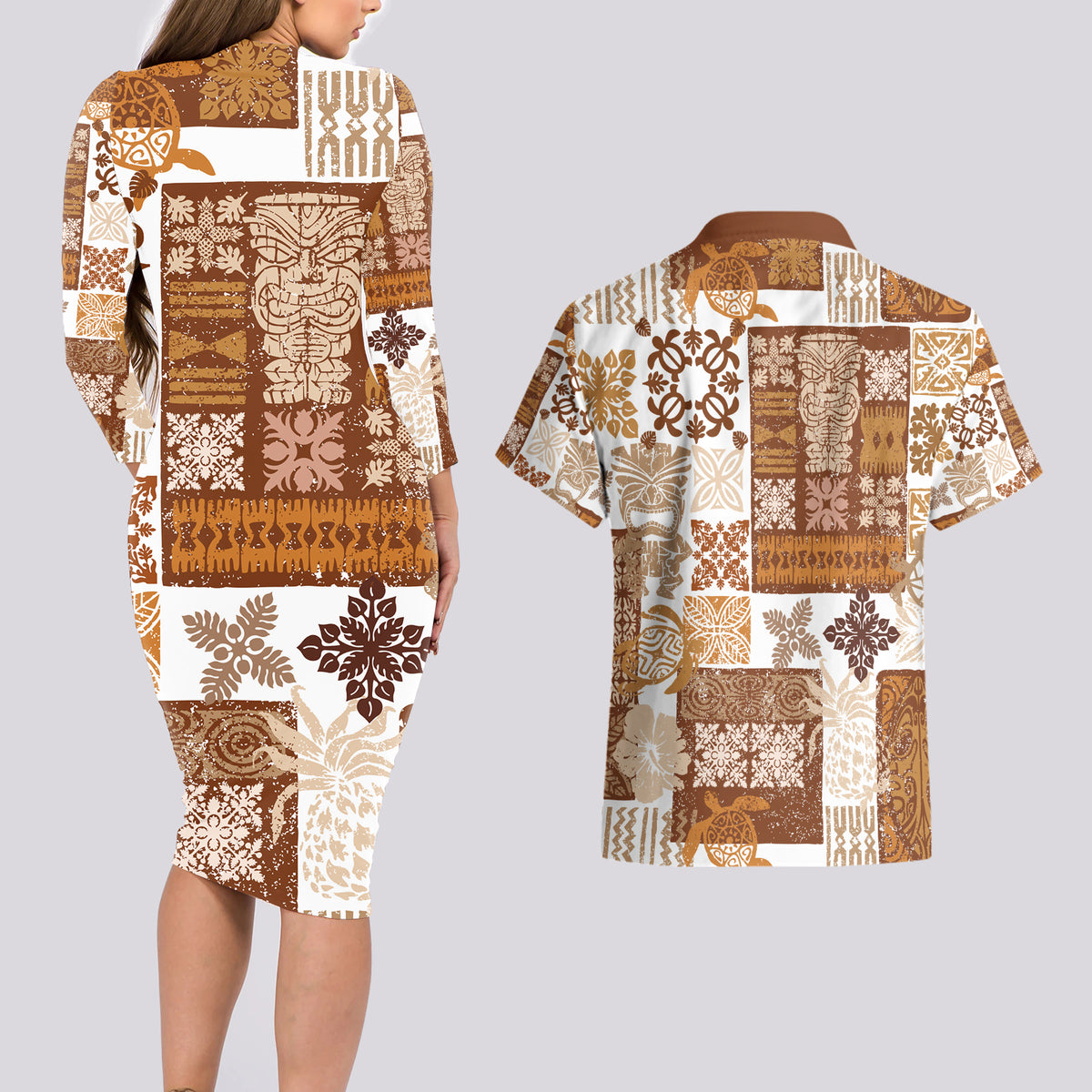 Hawaiian Quilt Couples Matching Long Sleeve Bodycon Dress and Hawaiian Shirt Tiki Tropical Retro Brown Version - Wonder Print Shop