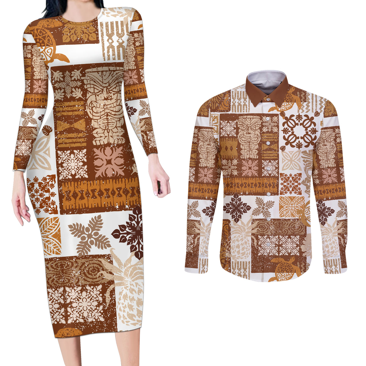 Hawaiian Quilt Couples Matching Long Sleeve Bodycon Dress and Long Sleeve Button Shirt Tiki Tropical Retro Brown Version - Wonder Print Shop