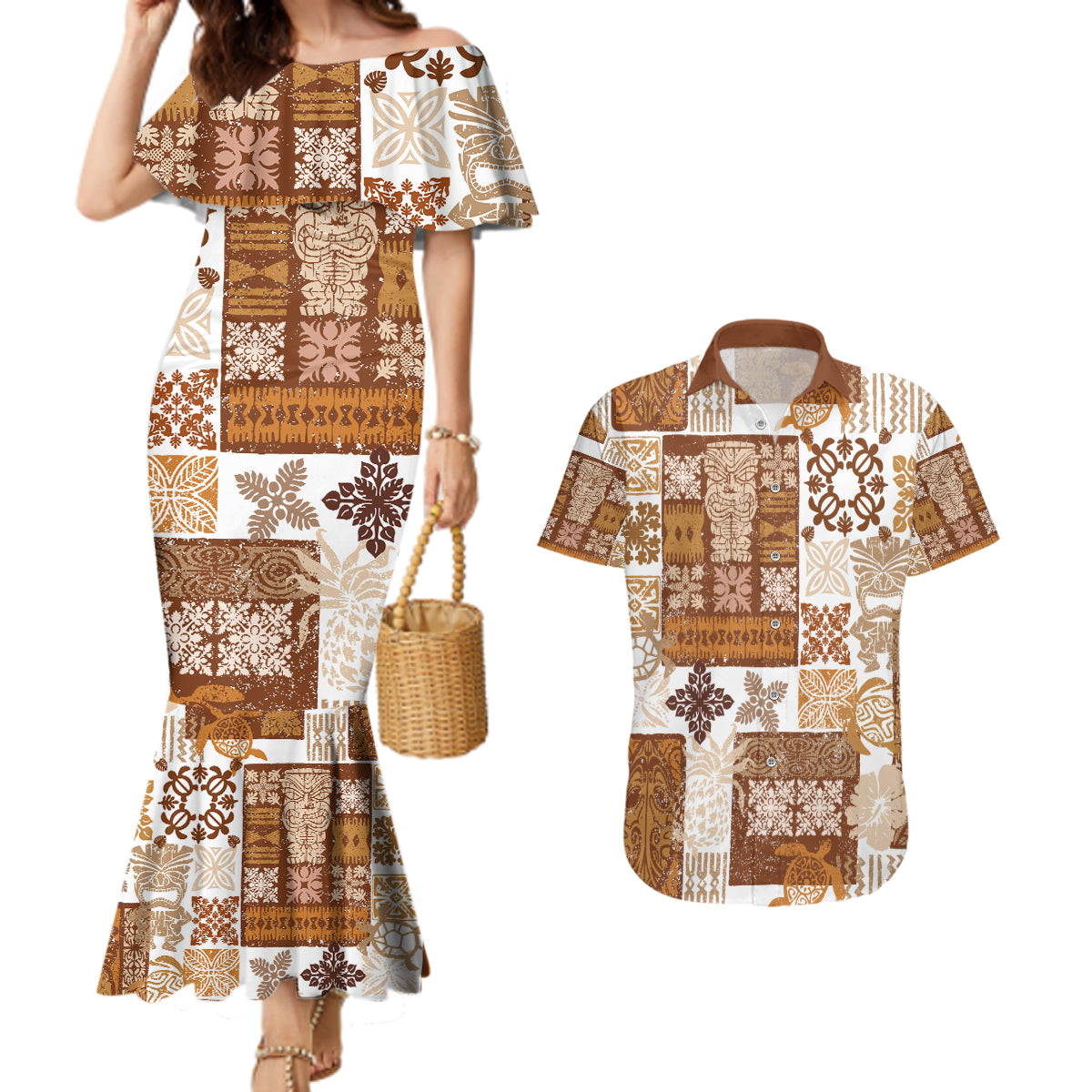Hawaiian Quilt Couples Matching Mermaid Dress and Hawaiian Shirt Tiki Tropical Retro Brown Version - Wonder Print Shop
