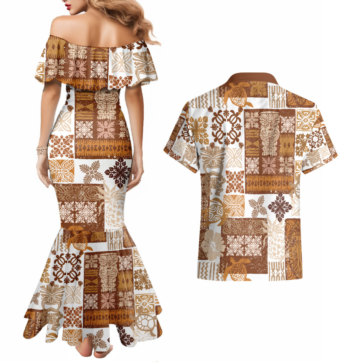 Hawaiian Quilt Couples Matching Mermaid Dress and Hawaiian Shirt Tiki Tropical Retro Brown Version - Wonder Print Shop