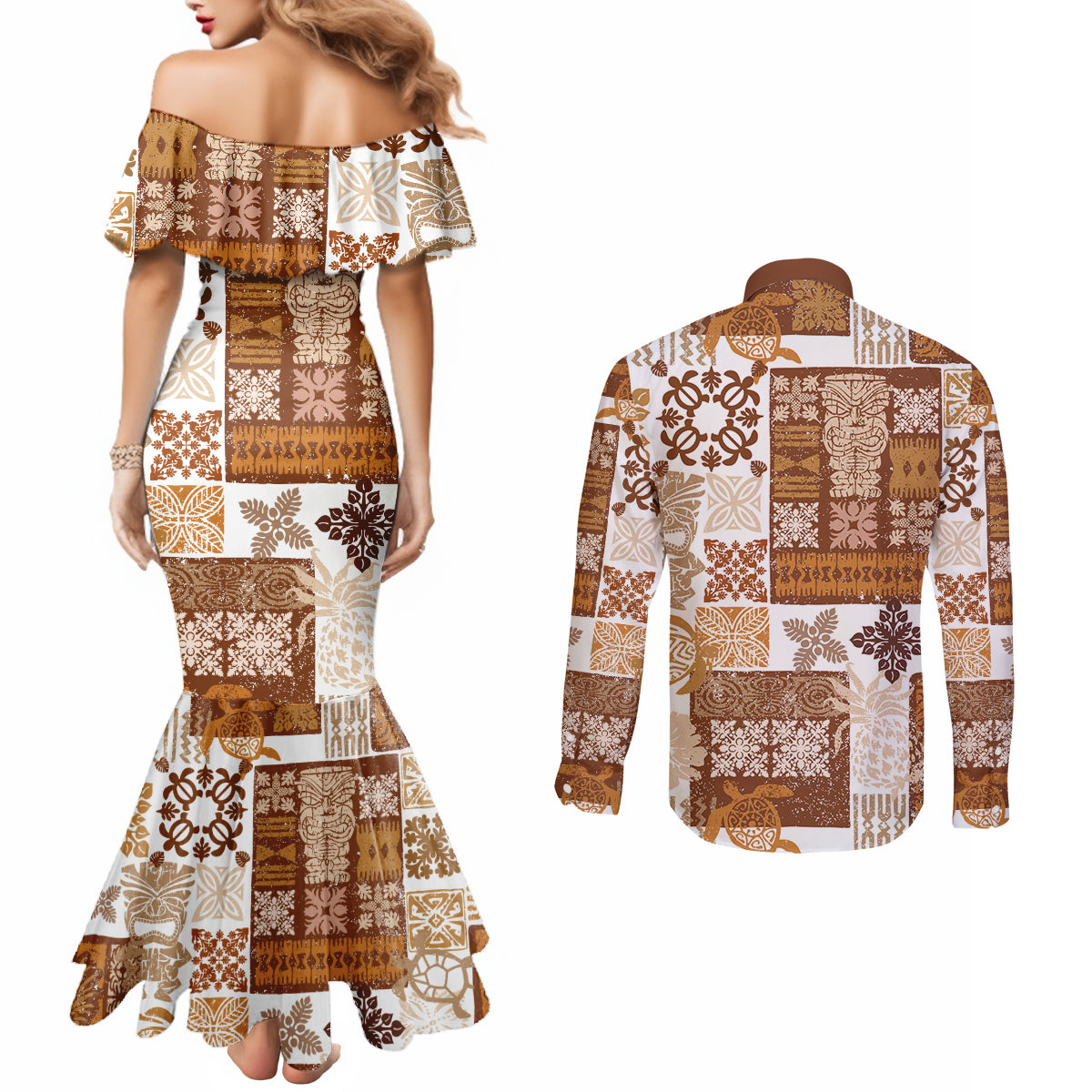 hawaiian-quilt-couples-matching-mermaid-dress-and-long-sleeve-button-shirt-tiki-tropical-retro-brown-version