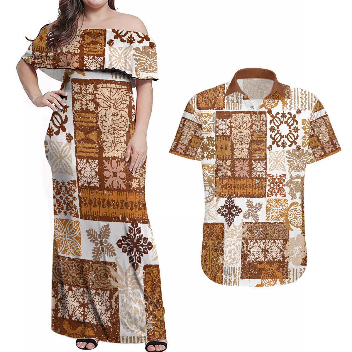 Hawaiian Quilt Couples Matching Off Shoulder Maxi Dress and Hawaiian Shirt Tiki Tropical Retro Brown Version - Wonder Print Shop