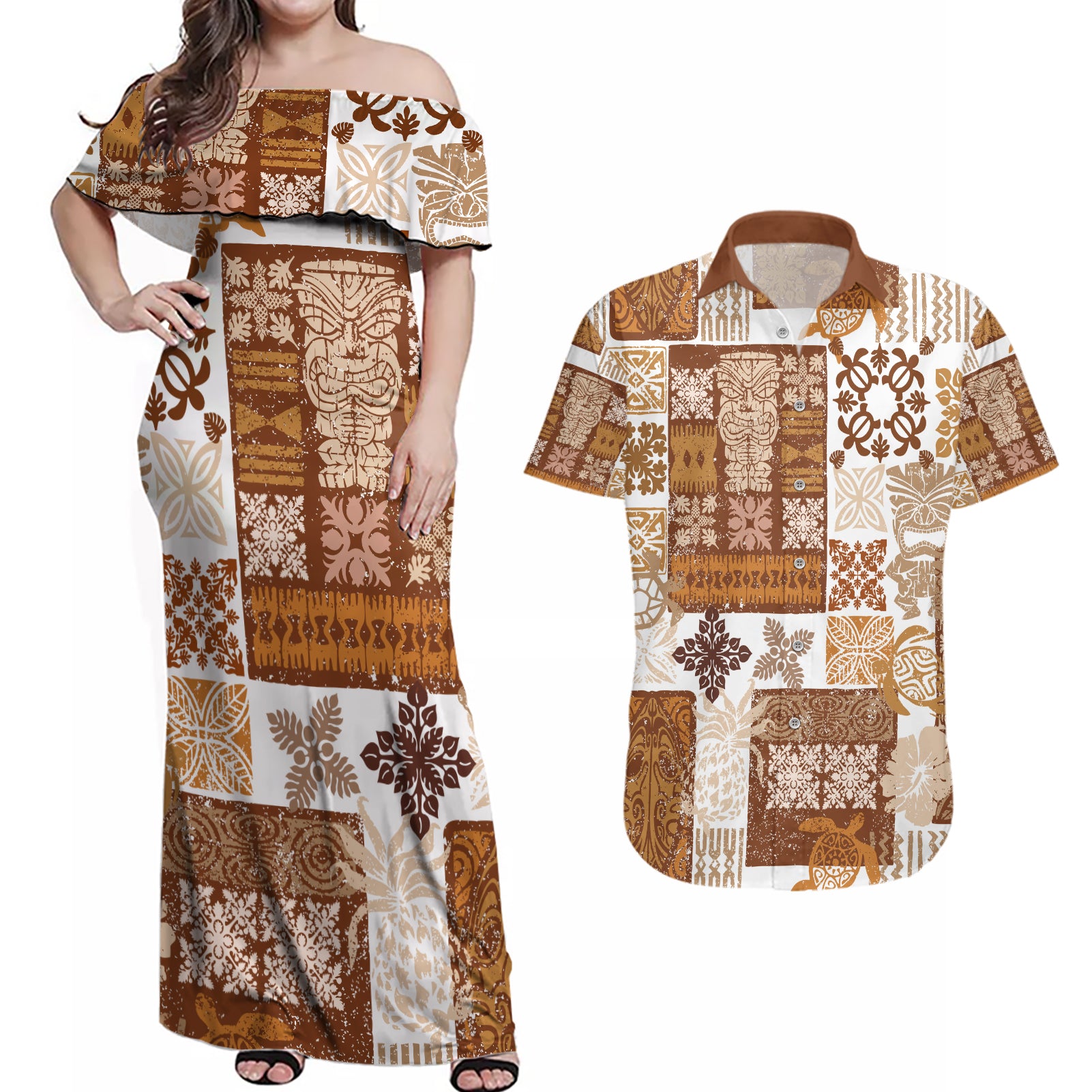 Hawaiian Quilt Couples Matching Off Shoulder Maxi Dress and Hawaiian Shirt Tiki Tropical Retro Brown Version - Wonder Print Shop