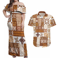 Hawaiian Quilt Couples Matching Off Shoulder Maxi Dress and Hawaiian Shirt Tiki Tropical Retro Brown Version - Wonder Print Shop