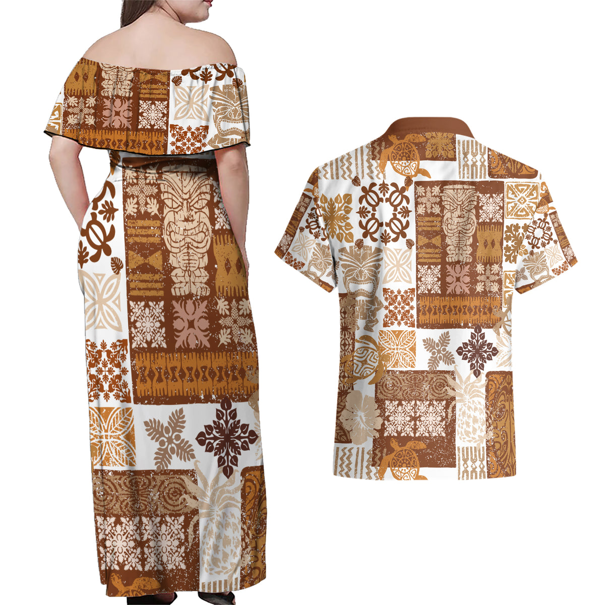 Hawaiian Quilt Couples Matching Off Shoulder Maxi Dress and Hawaiian Shirt Tiki Tropical Retro Brown Version - Wonder Print Shop