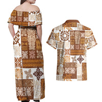 Hawaiian Quilt Couples Matching Off Shoulder Maxi Dress and Hawaiian Shirt Tiki Tropical Retro Brown Version - Wonder Print Shop