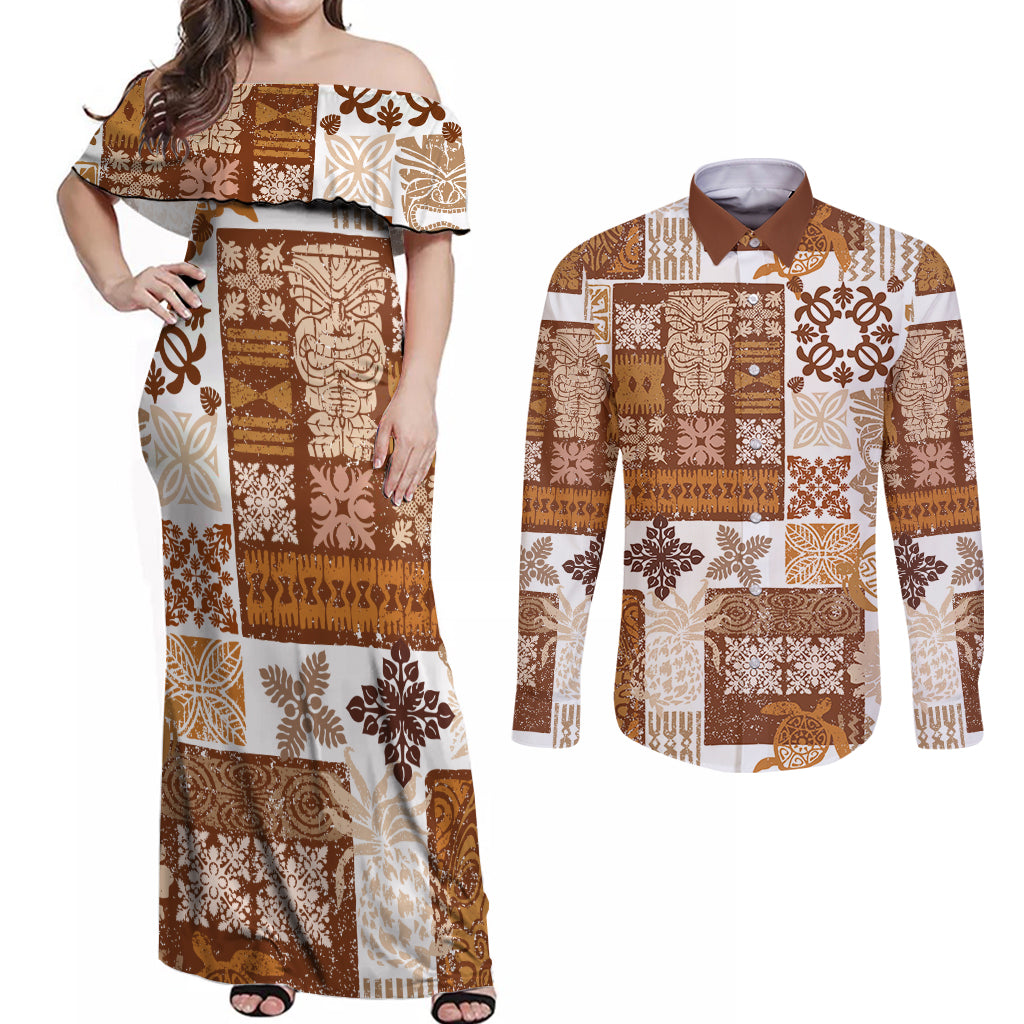 Hawaiian Quilt Couples Matching Off Shoulder Maxi Dress and Long Sleeve Button Shirt Tiki Tropical Retro Brown Version - Wonder Print Shop