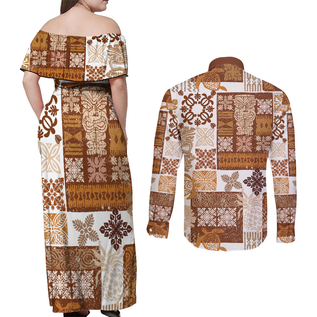 Hawaiian Quilt Couples Matching Off Shoulder Maxi Dress and Long Sleeve Button Shirt Tiki Tropical Retro Brown Version - Wonder Print Shop