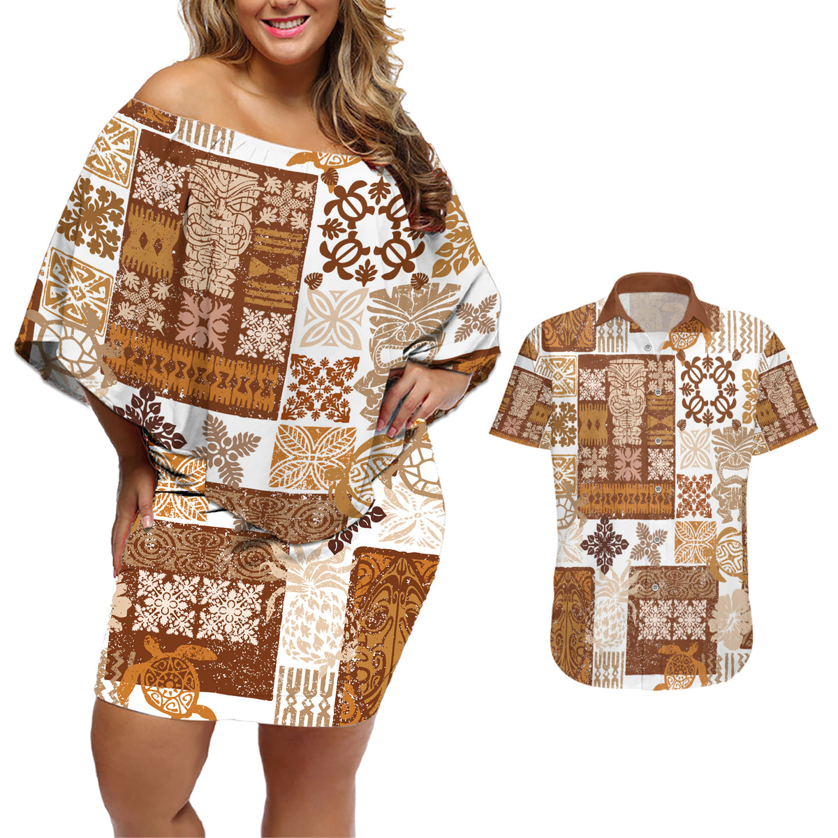 Hawaiian Quilt Couples Matching Off Shoulder Short Dress and Hawaiian Shirt Tiki Tropical Retro Brown Version - Wonder Print Shop