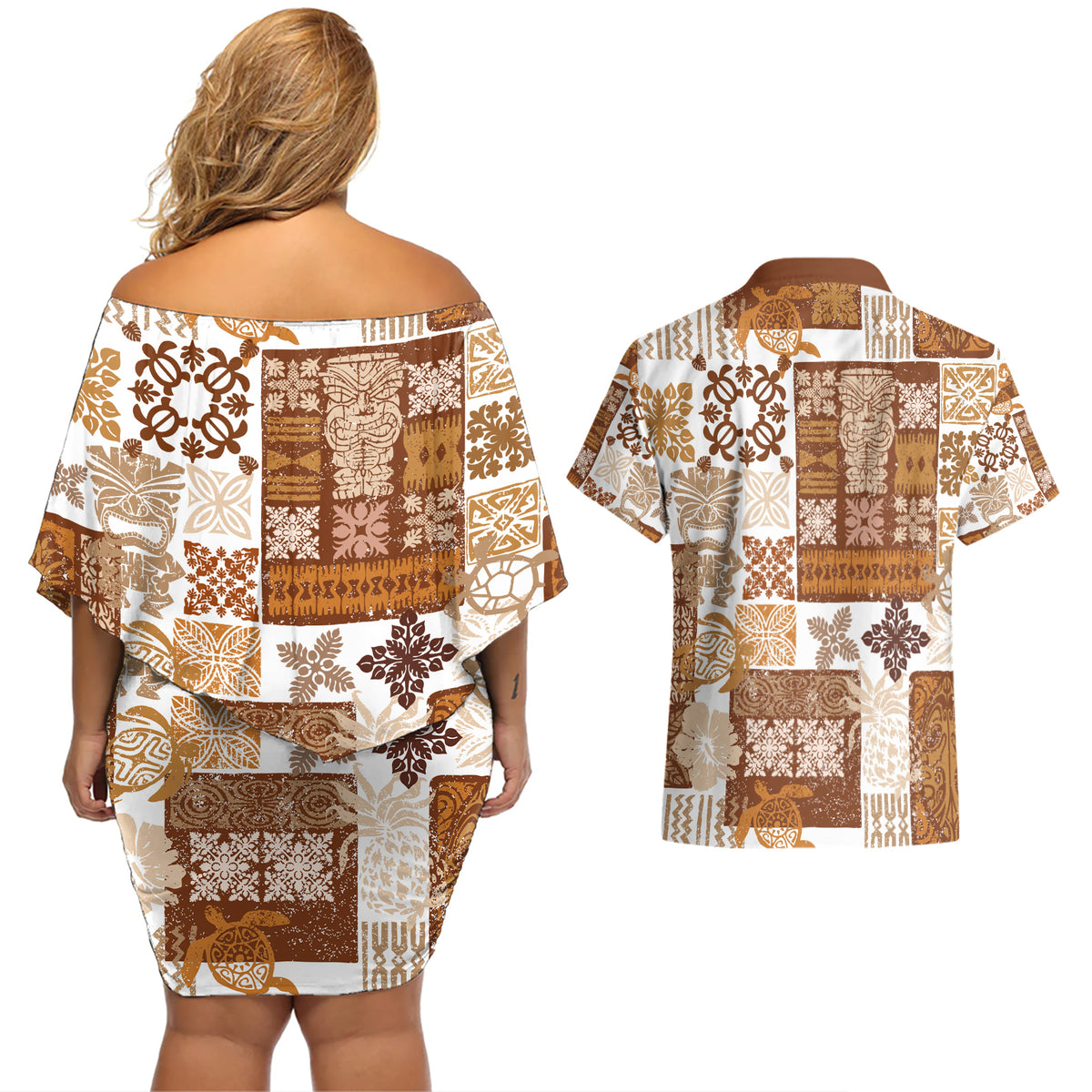 Hawaiian Quilt Couples Matching Off Shoulder Short Dress and Hawaiian Shirt Tiki Tropical Retro Brown Version - Wonder Print Shop