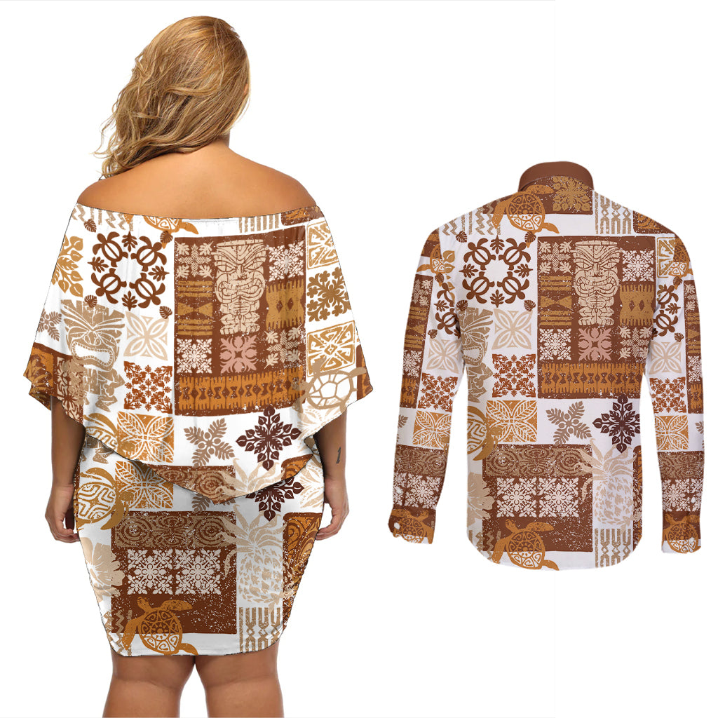 Hawaiian Quilt Couples Matching Off Shoulder Short Dress and Long Sleeve Button Shirt Tiki Tropical Retro Brown Version - Wonder Print Shop