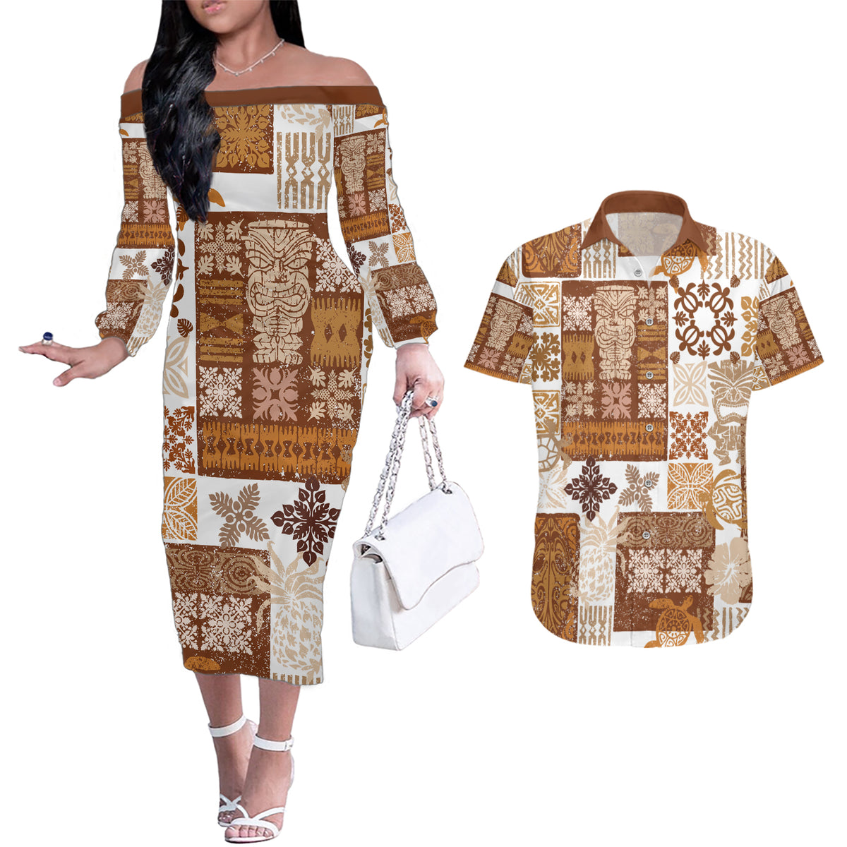Hawaiian Quilt Couples Matching Off The Shoulder Long Sleeve Dress and Hawaiian Shirt Tiki Tropical Retro Brown Version - Wonder Print Shop