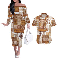 Hawaiian Quilt Couples Matching Off The Shoulder Long Sleeve Dress and Hawaiian Shirt Tiki Tropical Retro Brown Version - Wonder Print Shop