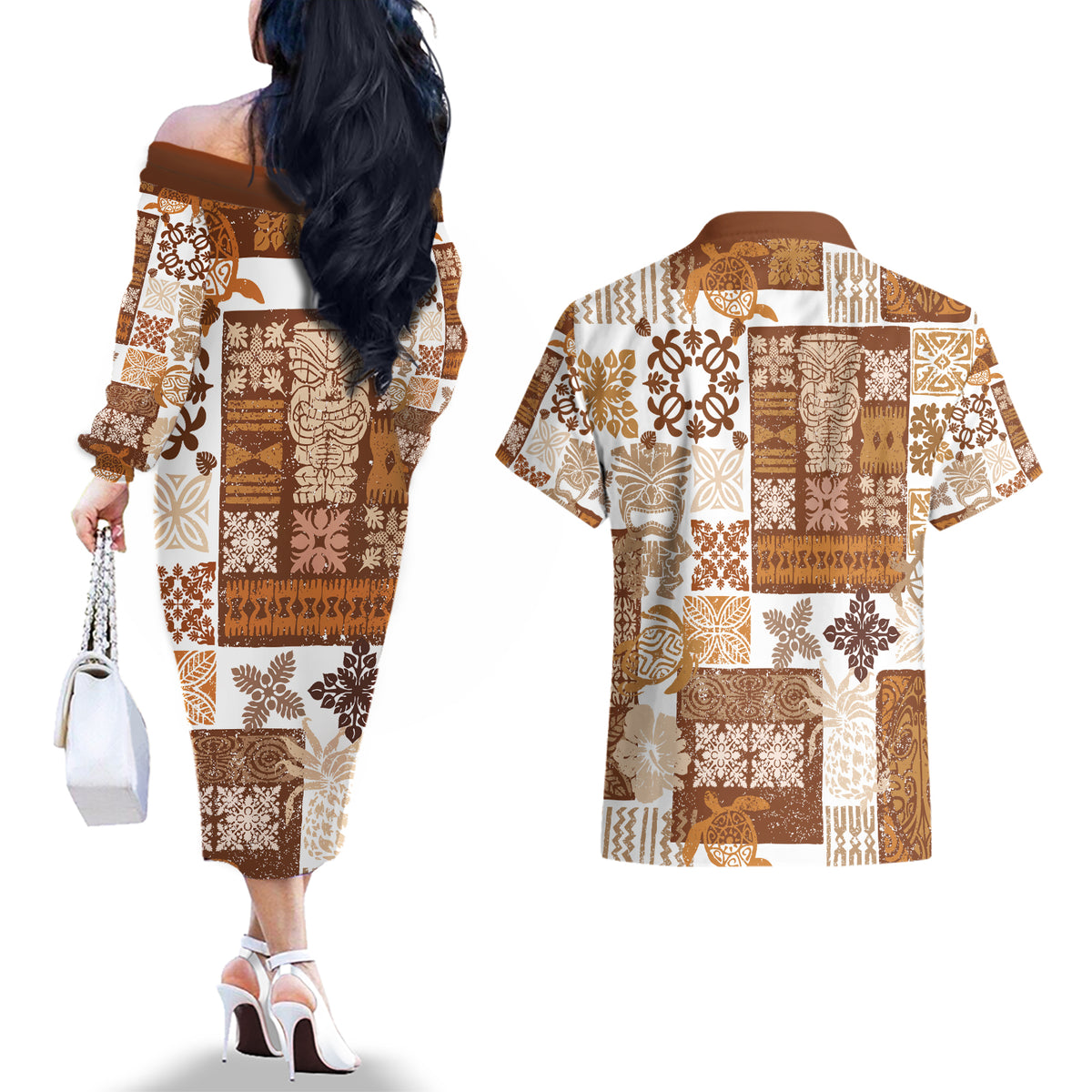 Hawaiian Quilt Couples Matching Off The Shoulder Long Sleeve Dress and Hawaiian Shirt Tiki Tropical Retro Brown Version - Wonder Print Shop