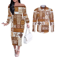 hawaiian-quilt-couples-matching-off-the-shoulder-long-sleeve-dress-and-long-sleeve-button-shirt-tiki-tropical-retro-brown-version