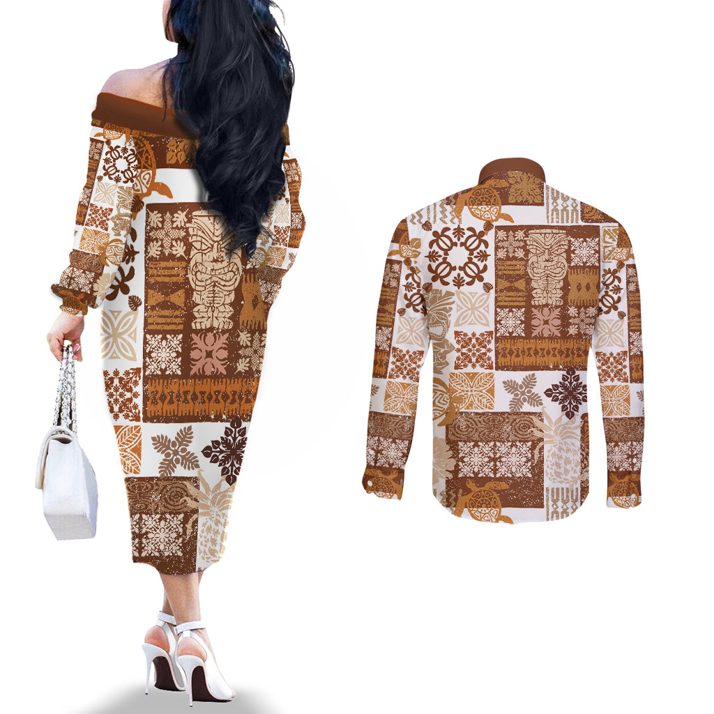 hawaiian-quilt-couples-matching-off-the-shoulder-long-sleeve-dress-and-long-sleeve-button-shirt-tiki-tropical-retro-brown-version