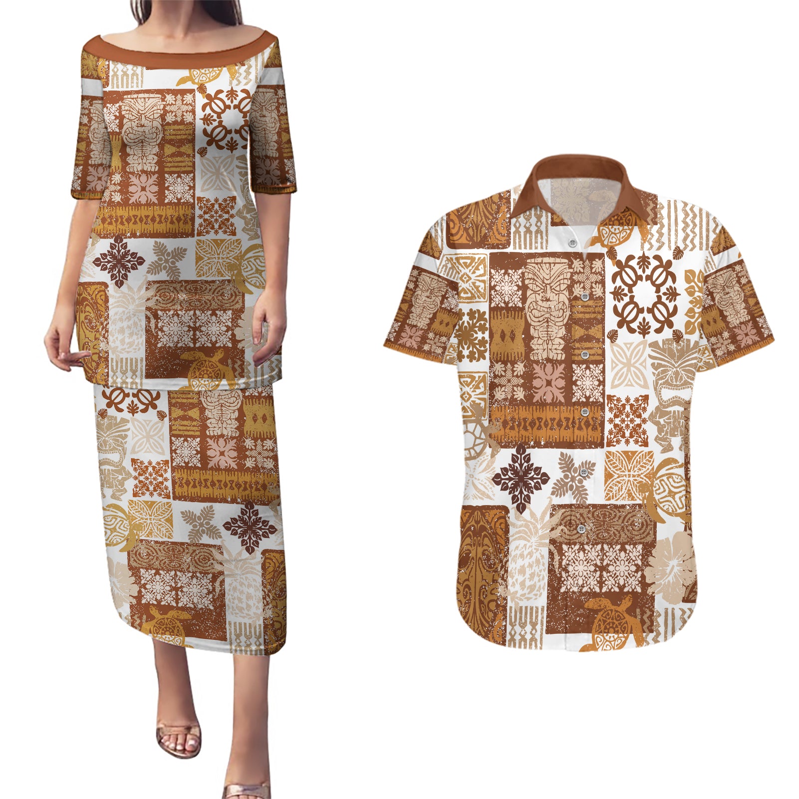 Hawaiian Quilt Couples Matching Puletasi Dress and Hawaiian Shirt Tiki Tropical Retro Brown Version - Wonder Print Shop