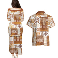 Hawaiian Quilt Couples Matching Puletasi Dress and Hawaiian Shirt Tiki Tropical Retro Brown Version - Wonder Print Shop