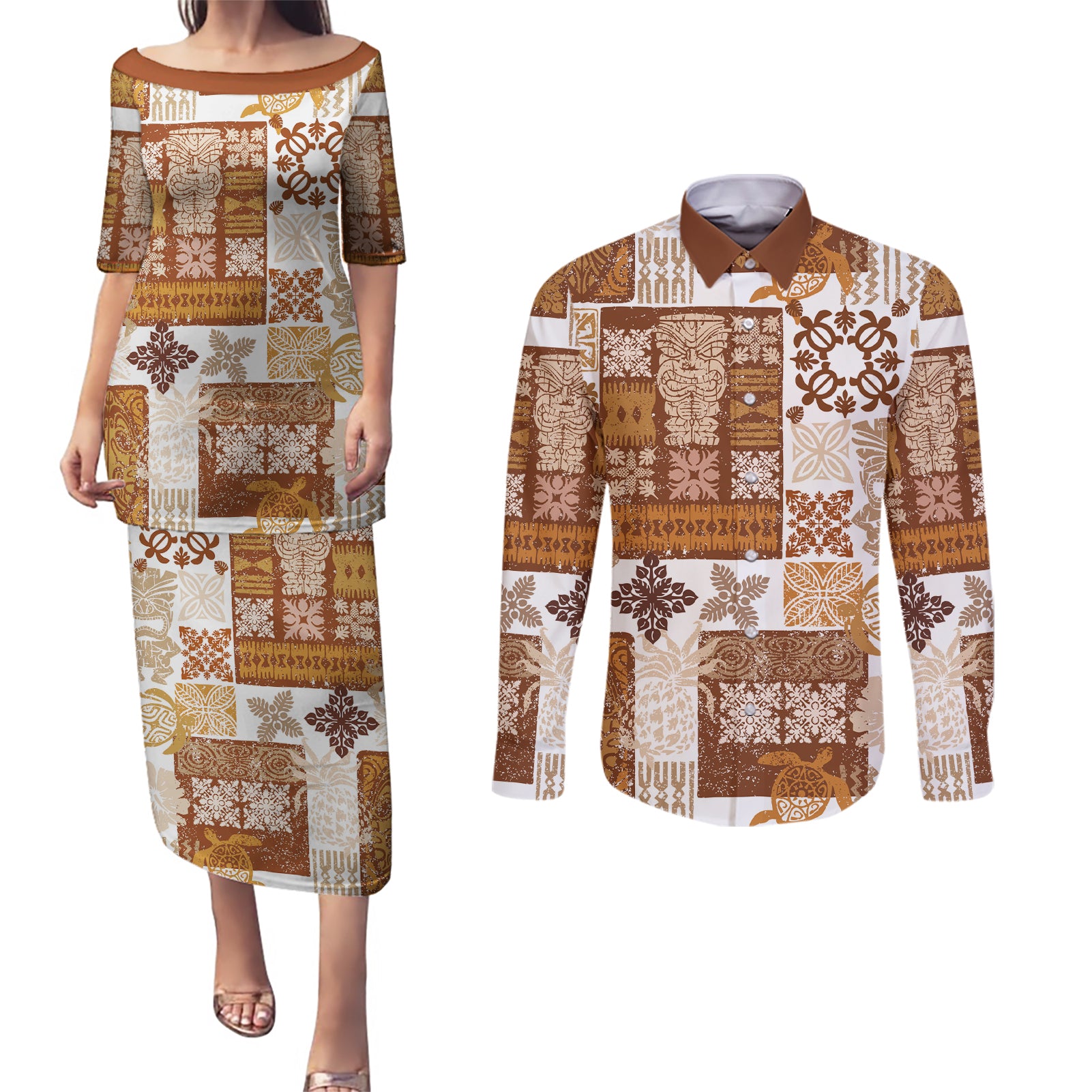 Hawaiian Quilt Couples Matching Puletasi Dress and Long Sleeve Button Shirt Tiki Tropical Retro Brown Version - Wonder Print Shop