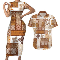 Hawaiian Quilt Couples Matching Short Sleeve Bodycon Dress and Hawaiian Shirt Tiki Tropical Retro Brown Version - Wonder Print Shop