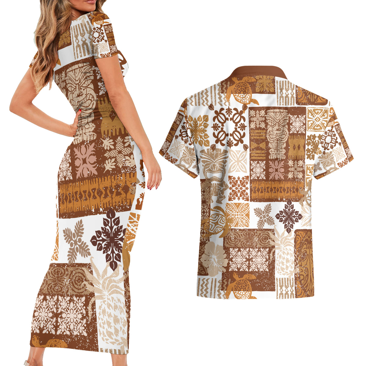 Hawaiian Quilt Couples Matching Short Sleeve Bodycon Dress and Hawaiian Shirt Tiki Tropical Retro Brown Version - Wonder Print Shop