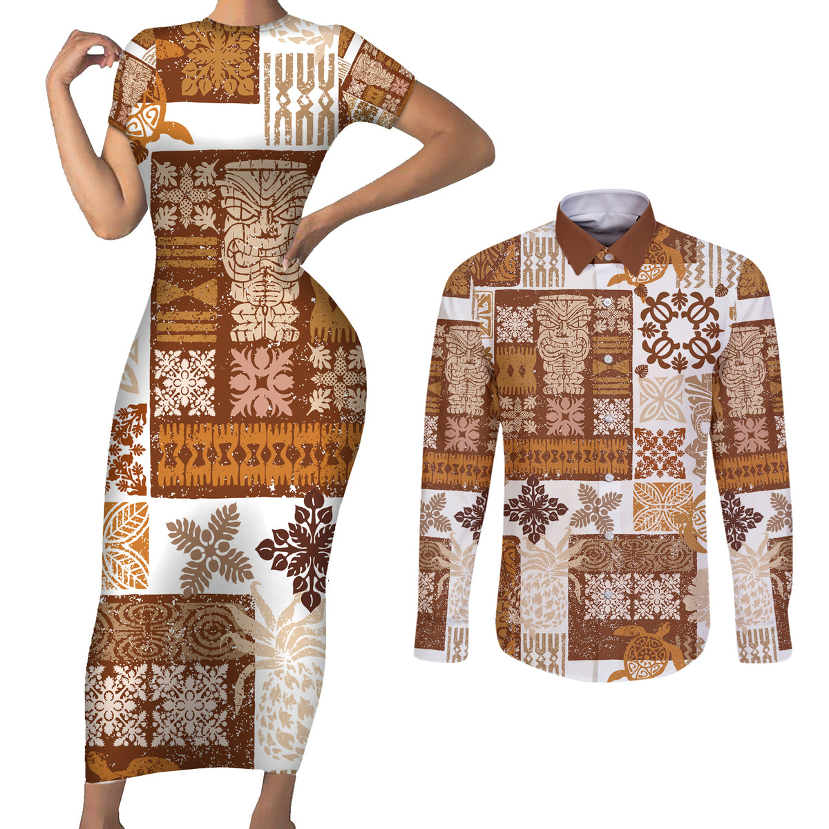 Hawaiian Quilt Couples Matching Short Sleeve Bodycon Dress and Long Sleeve Button Shirt Tiki Tropical Retro Brown Version - Wonder Print Shop