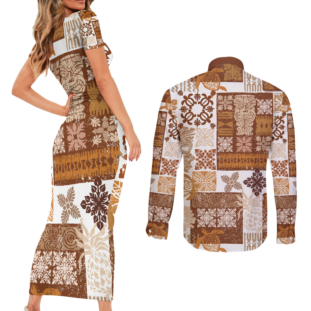 Hawaiian Quilt Couples Matching Short Sleeve Bodycon Dress and Long Sleeve Button Shirt Tiki Tropical Retro Brown Version - Wonder Print Shop