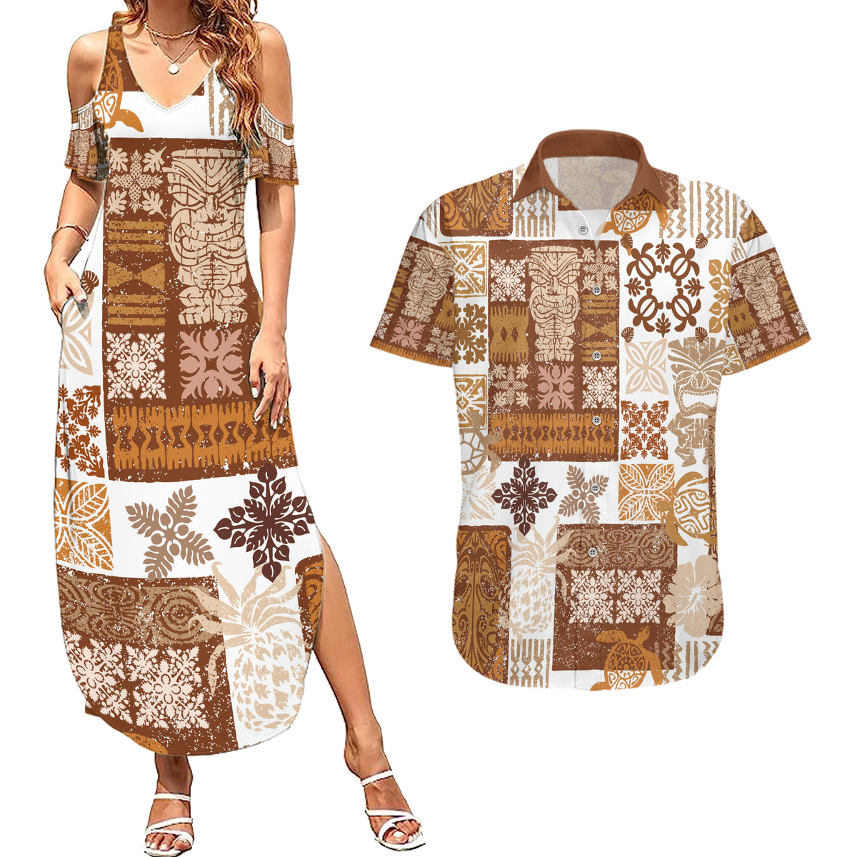 Hawaiian Quilt Couples Matching Summer Maxi Dress and Hawaiian Shirt Tiki Tropical Retro Brown Version - Wonder Print Shop